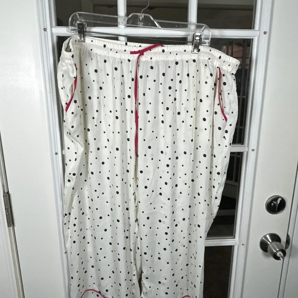 Summersalt‎ Polka Dot Satin Pajama Set White Navy Pink Piping 2XL Loungewear